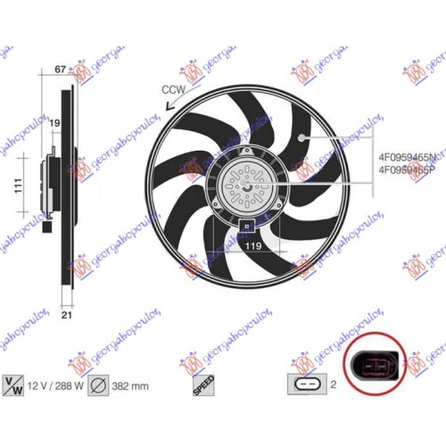 Ventilator (Motor + helikë) 3.0 TFSI benzinë (382mm) (2 pinë) për AUDI A6 08-10 - OEM: 4F0959455N Ventilator (Motor + helikë) 3.0 TFSI benzinë (382mm) (2 pinë) për AUDI A6 08-10 - OEM: 4F0959455N