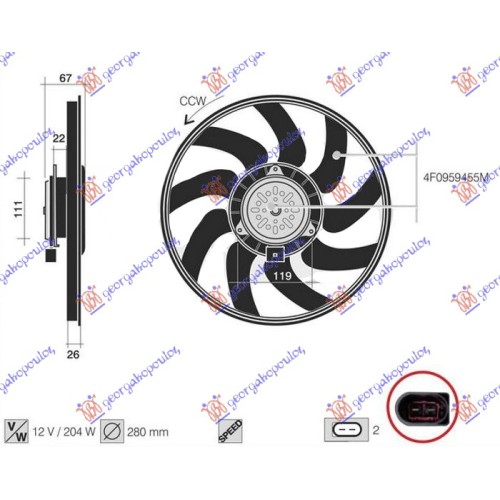 Ventilator për kondicioner (Motor + Ventilator) 3.0 TFSi benzinë (280mm) (2 pinë) për AUDI A6 08-10 - OEM: 4F0959455M