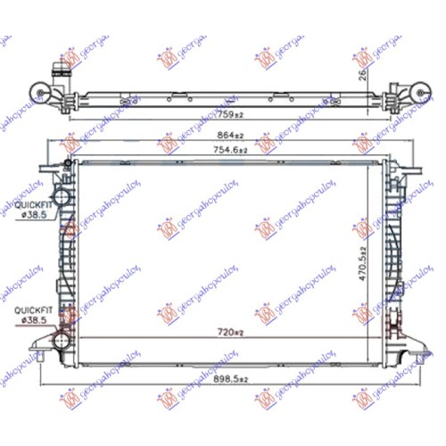 Radiator për motor 2.0 TFSi benzinë (720x480x26) tubë 38/38 për AUDI A4 19- - OEM: 80A121251C